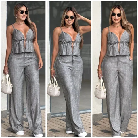 Set de pantalón + blusa en tela lino premium
